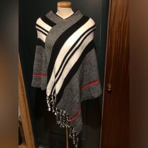 Striped Black and White Poncho with Red Accents